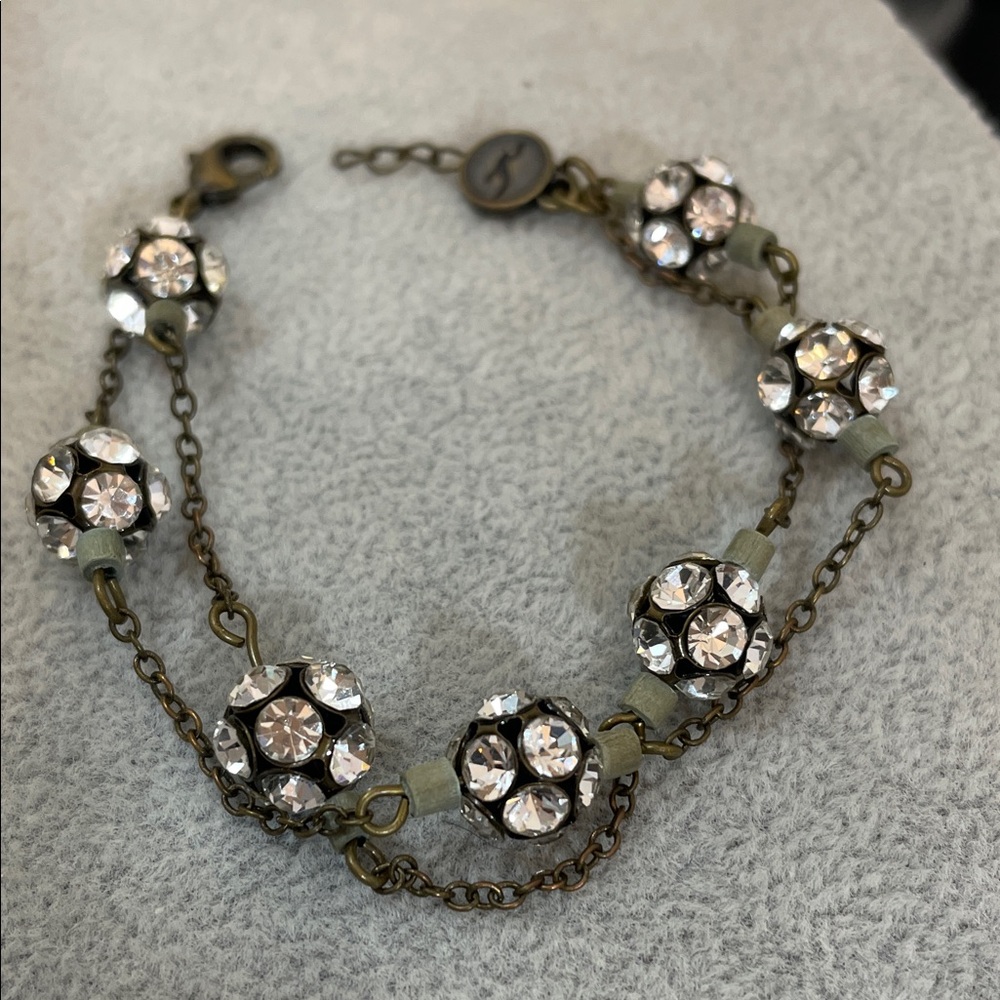 Hollister Bronze Pave Stone Ball Double Chain Link Bracelet crystal rhinestones